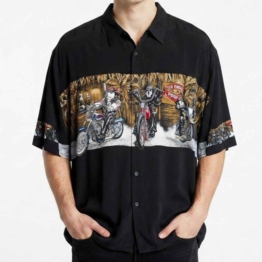 Big Dogs Graphic Shirt Mens 3X Black Biker Dogs Motorcycle Rayon Button Up